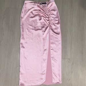 Zara pastel pink satin ruched skirt front slit silky